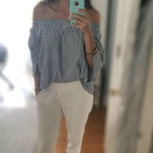 Off the shoulder, blue / white stripe blouse, size S